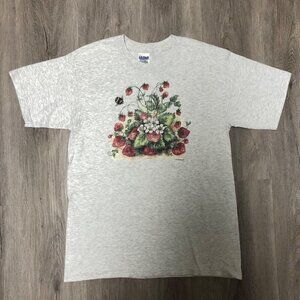 Vintage 1996 Size Medium Strawberry Bee Grey T Shirt 90s Graphic Tee Cottagecore